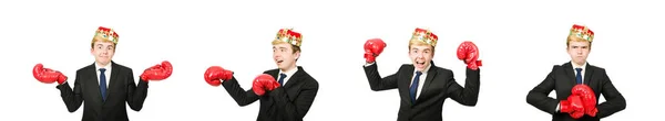 Vicces üzletember koronával és bokszkesztyűvel. — Stock Fotó