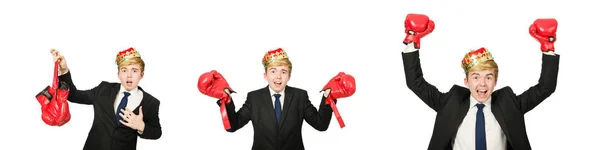 Funny businessman with crown and boxing gloves — Stock Photo, Image