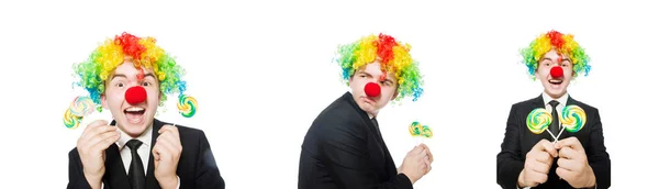 Clown met lolly geïsoleerd op wit — Stockfoto