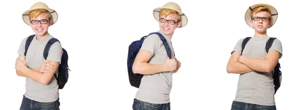 Мальчик в пробковом шлеме с рюкзаком — стоковое фото