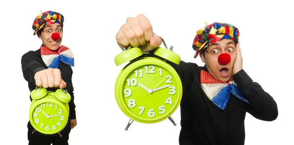 Lustiger Clown mit Uhr isoliert auf weiß — Stockfoto