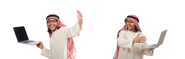 Emiraty człowiek z laptopa na białym tle — Zdjęcie stockowe
