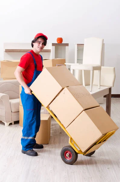 有箱子在室内工作的年轻男性承包商 — 图库照片