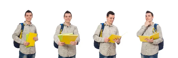 Усміхнений білий студент з рюкзаком ізольований на білому — стокове фото