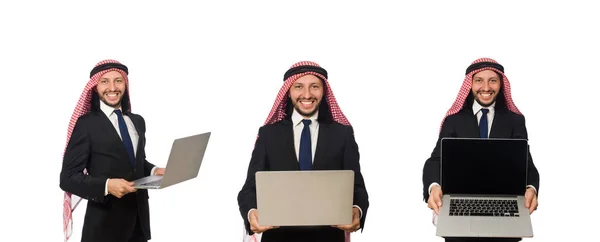 Arabischer Geschäftsmann mit Computer auf Weiß — Stockfoto