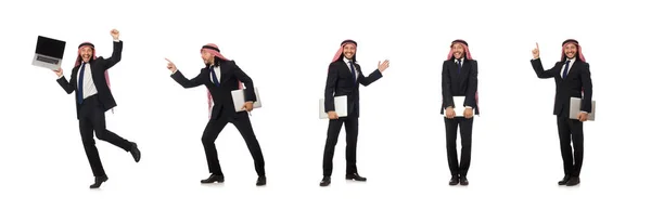 Arabische zakenman met computer op wit — Stockfoto