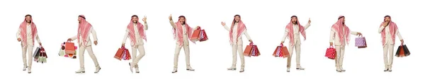 Uomo arabo con shopping bags su bianco — Foto Stock