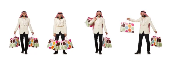 Homem árabe com sacos de compras em branco — Fotografia de Stock