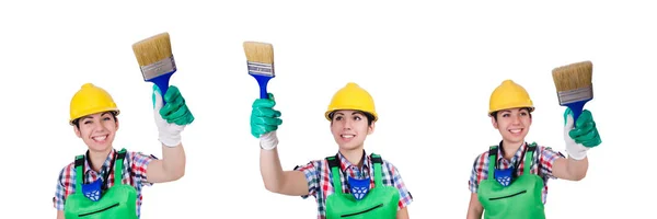 Woman painter with paintbrush on white — Stock Photo, Image