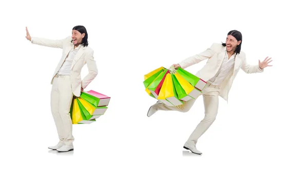 Man met boodschappentassen geïsoleerd op wit — Stockfoto
