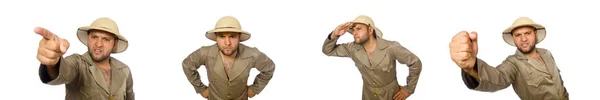 Mann mit Safari-Hut isoliert auf weißem Grund — Stockfoto