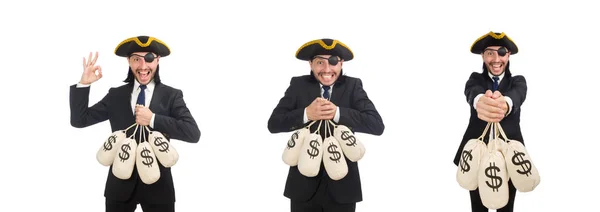 Pirate businessman holding money bags isolated on white — Stock Photo, Image