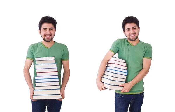 Étudiant avec beaucoup de livres sur le blanc — Photo