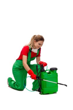 Kadın haşere kontrol müteahhiti beyazla izole edilmiş. 