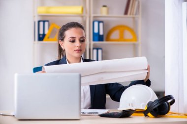 Ofiste çalışan genç bayan mimar. 