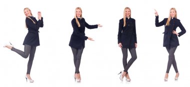 Beyaz izole siyah paltolu güzel kadın 