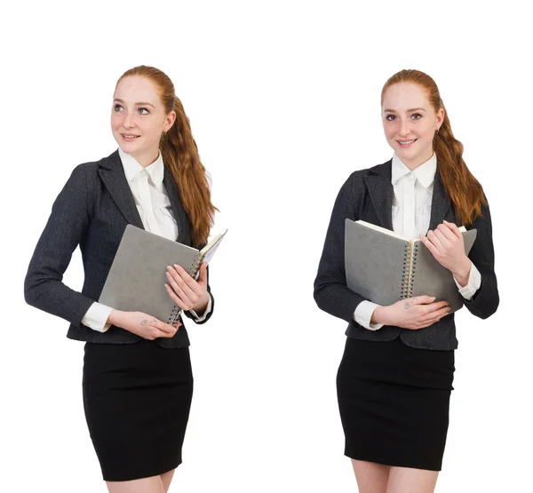 Frau mit Tagebuch isoliert auf weiß — Stockfoto