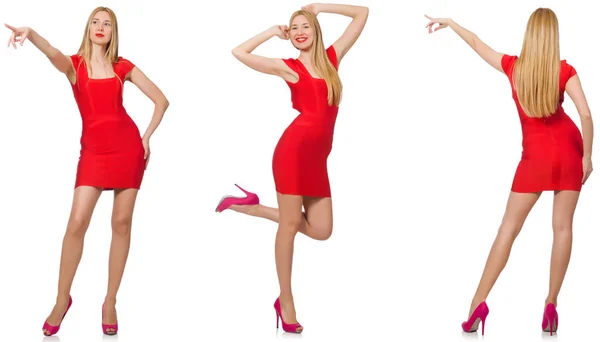 Beautiful woman in red dress isolated on white — Stock Photo, Image