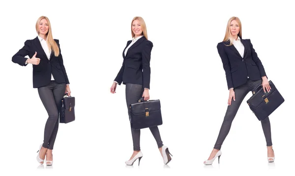 Beautiful woman with briefcase isolated on white — Stock Photo, Image