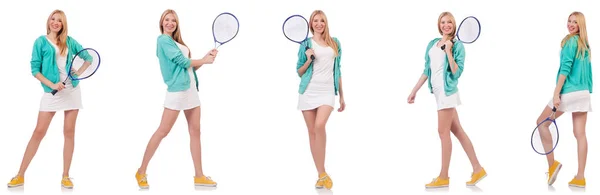 Jovem bela senhora jogando tênis isolado no branco — Fotografia de Stock