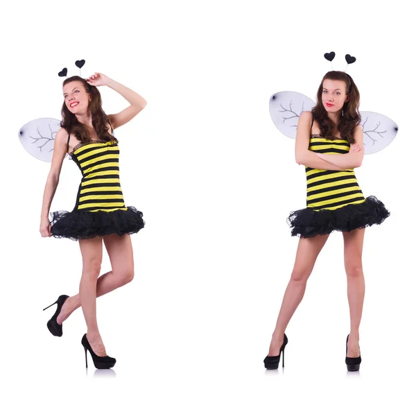 Young woman in bee costume isolated on white — Stock Photo, Image