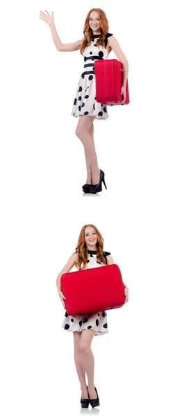 赤のスーツケースを持つ若い美しい女性 — ストック写真