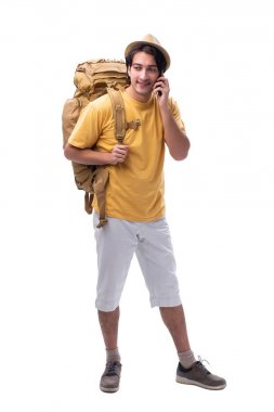 Genç yakışıklı turist üzerinde beyaz izole 