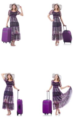 Bavullu genç bir kadın beyaz üzerine izole edilmiş. 