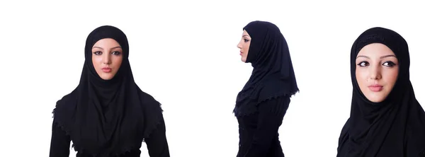 Mujer joven musulmana usando hijab sobre blanco —  Fotos de Stock
