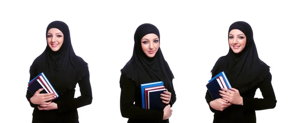 Fiatal muszlim nő könyv fehér — Stock Fotó