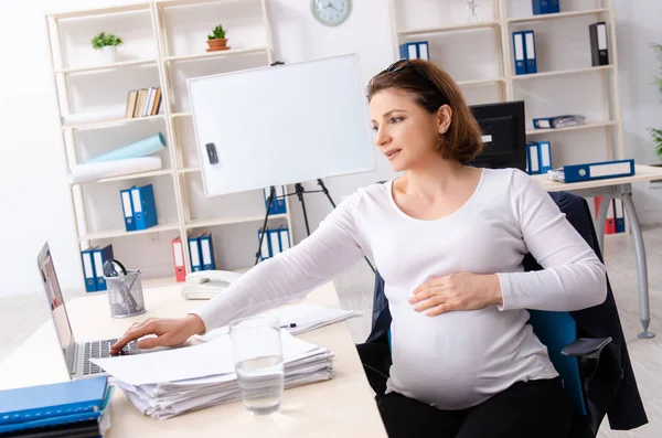Oude zwangere vrouw werkt in het kantoor — Stockfoto