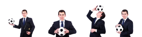 Hombre con fútbol aislado en blanco — Foto de Stock