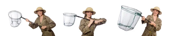 Mujer con sombrero de safari en blanco — Foto de Stock