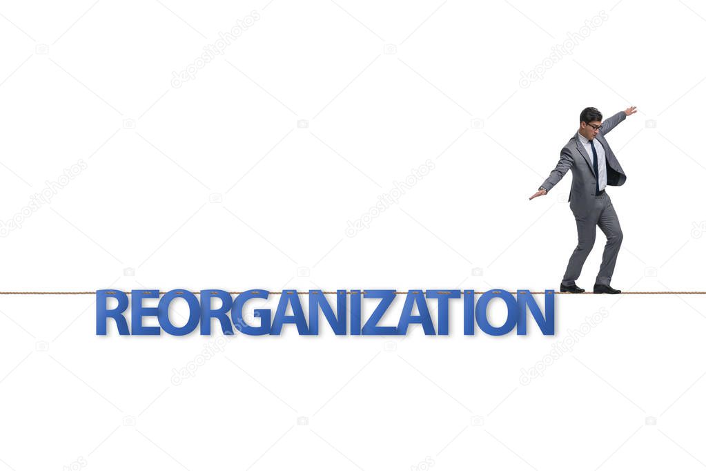 Reorganisation concept with businessman walking on tight rope