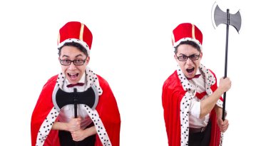 Kralcılık oynayan iş adamı beyazda izole edilmiş.