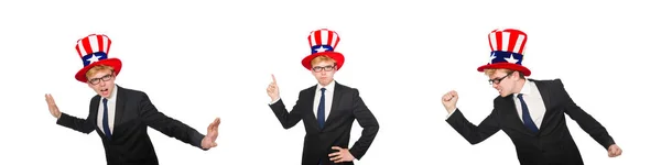 Geschäftsmann mit amerikanischem Hut auf weißem Hintergrund — Stockfoto
