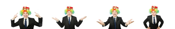 Grappige clown zakenman geïsoleerd op wit — Stockfoto