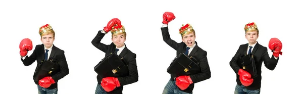 王冠とボクシングの手袋を持つ面白いビジネスマン — ストック写真