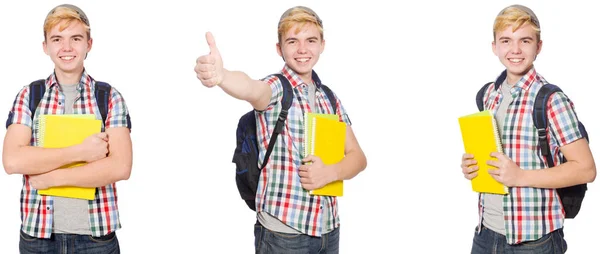 Étudiant avec sac à dos et notes isolé sur blanc — Photo