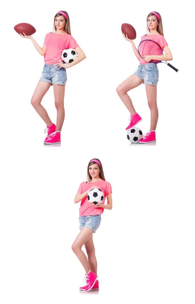 Vrouw met voetbal op wit — Stockfoto