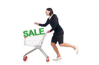 Satılık ve indirimli alışveriş konseptinde adam