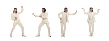 Beyazda izole edilmiş komik bir adam.