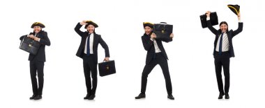 Tılsımlı ve çantalı iş adamı beyaza izole edilmiş.