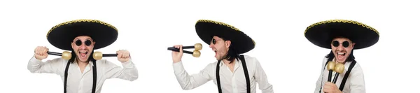 Homem engraçado usando chapéu sombrero mexicano isolado em branco — Fotografia de Stock
