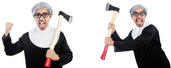 Weird male nun with hatchet — Stock Photo, Image