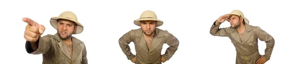 Człowiek w safari kapelusz izolowany na białym — Zdjęcie stockowe