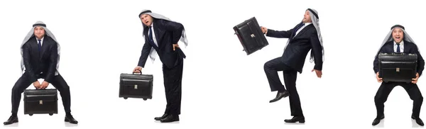 白で隔離のスーツケースとアラブのビジネスマン — ストック写真