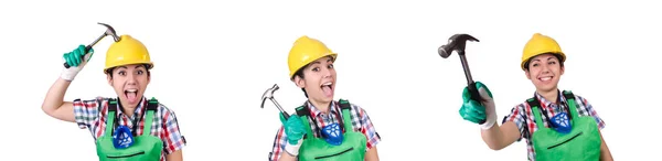 Kvinnlig arbetstagare med hammare isolerad på vit — Stockfoto
