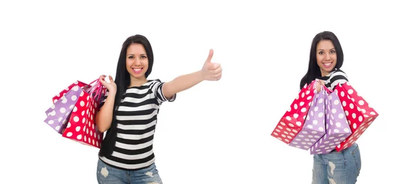 Femme avec des sacs à provisions isolés sur blanc — Photo