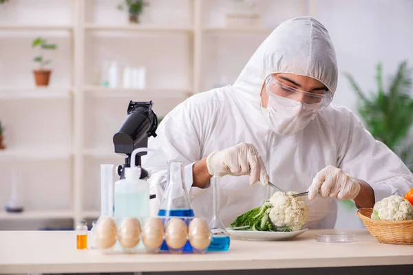 Wetenschapper in lab over GGO-groenten en -fruit — Stockfoto